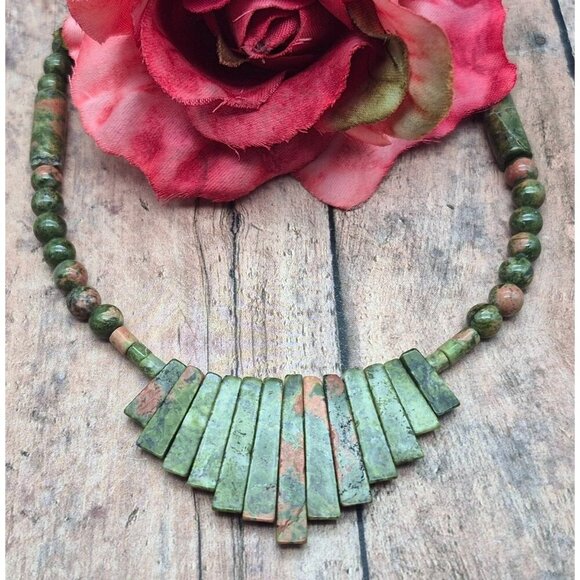 Artisan Boho Unakite Natural Stone Beaded Collar Bib Necklace Toggle Clasp 18" - Picture 1 of 11